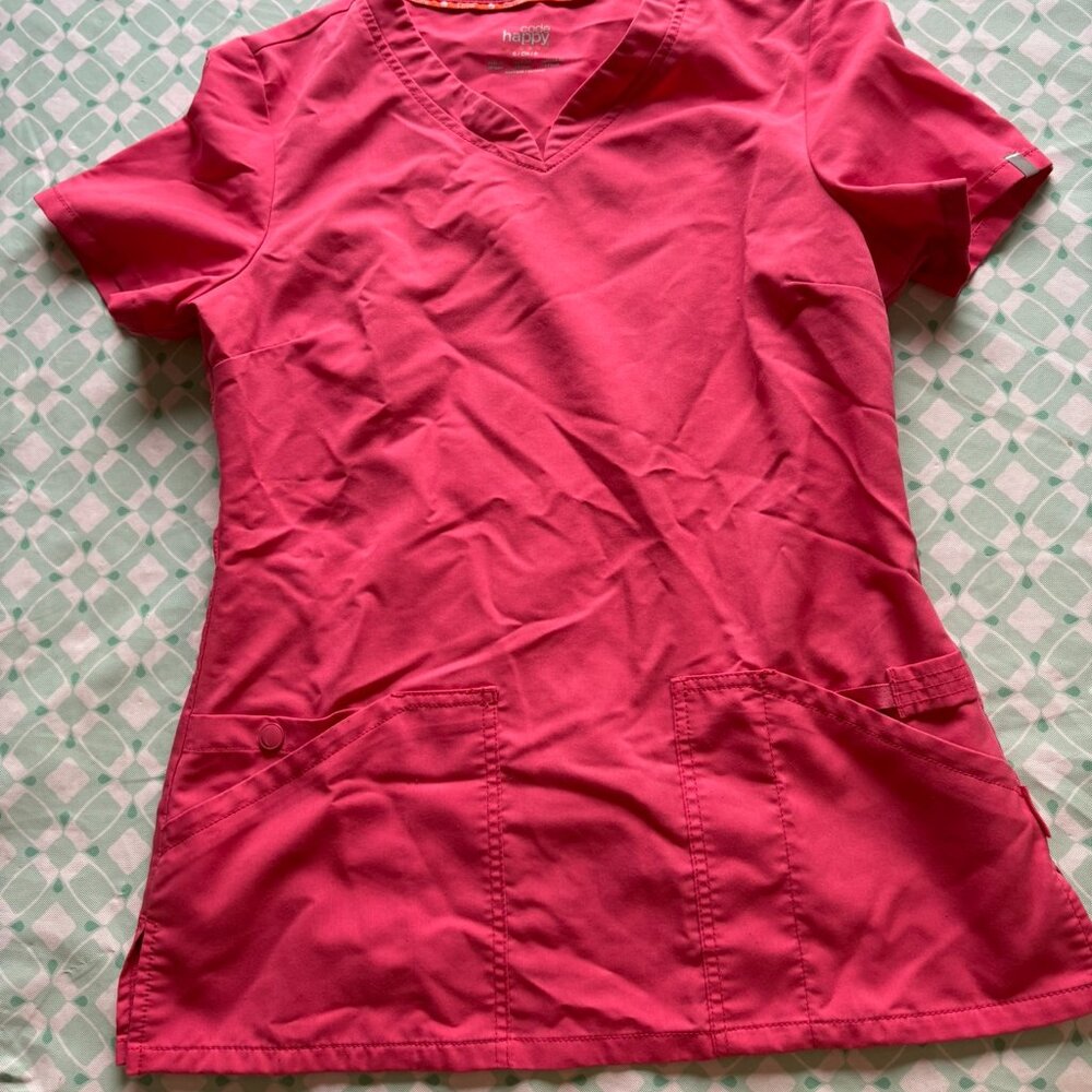 Womens Happy Place Size Small scrub top, pink